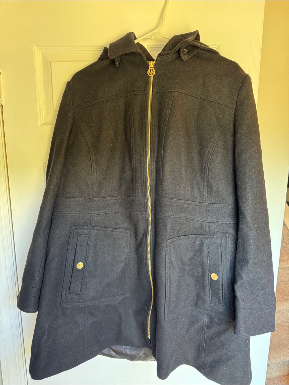 MICHAEL Michael Kors Black Hooded (removable) Pea Coat with Gold Hardware